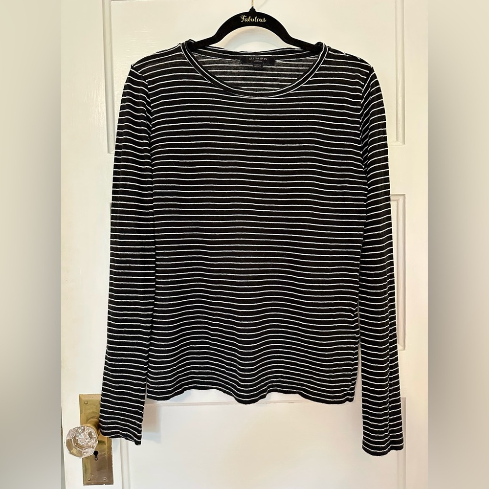 All Saints Black and White Ribbed Long Sleeve Tee